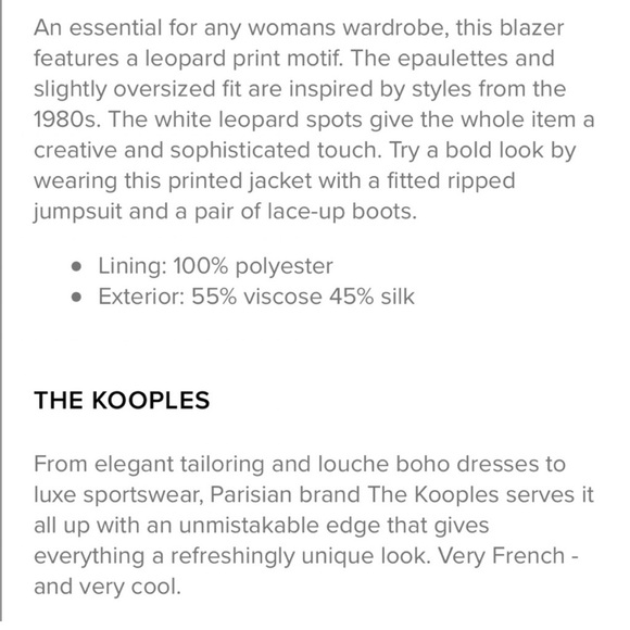 NWT 488.00 THE KOOPLES 80’S INSPIRED LEOPARD LONG LINE BLAZRR SMALL OVERSIZED - Picture 5 of 7